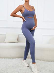 SHEIN Maternidad unicolor Top de tirantes crop & Leggings - Neblina azul - Ver 3