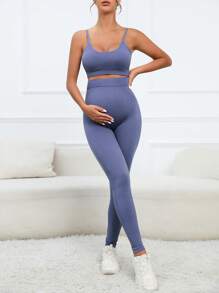 SHEIN Maternidad unicolor Top de tirantes crop & Leggings - Neblina azul - Ver 4