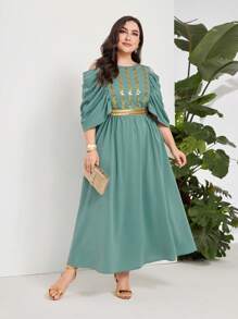 Modelyn Plus Contrast Sequin Cold Shoulder Ruched Sleeve Tie Back Dress - Green - View 1