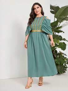 Modelyn Plus Contrast Sequin Cold Shoulder Ruched Sleeve Tie Back Dress - Green - View 2