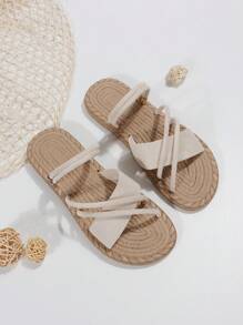 女士交叉平底度假仿麂皮多用途穿戴涼鞋 - 米色 - 查看 7