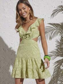 Hauture Tie Backless Ruffle Jacquard Dress - Lime Green - View 2