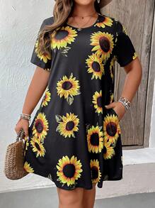 SHEIN LUNE Vestido con estampado de girasol - Negro - Ver 3