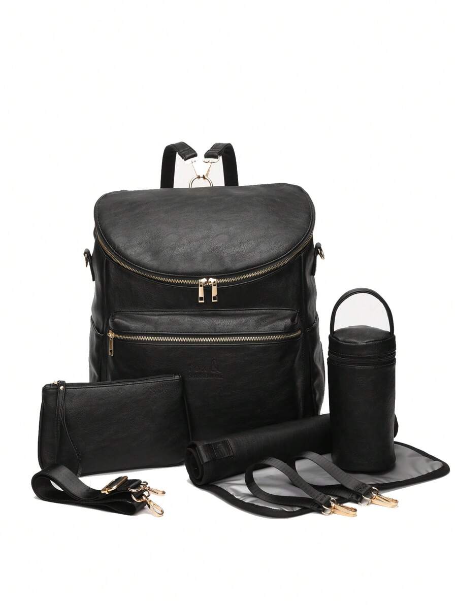 Bebé 7 piezas Bolsa de pañales con cremallera delantera multifuncional - Negro - Ver 1