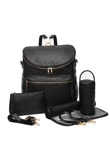 Bebé 7 piezas Bolsa de pañales con cremallera delantera multifuncional - Negro - Ver 2