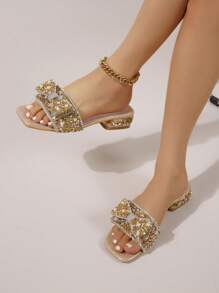 女士新款水钻高跟凉拖鞋，时尚奢华亮片珍珠链水钻花朵露趾套脚凉鞋，百搭迷人 - 金色 - 查看 1
