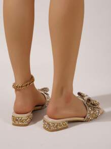 女士新款水钻高跟凉拖鞋，时尚奢华亮片珍珠链水钻花朵露趾套脚凉鞋，百搭迷人 - 金色 - 查看 3
