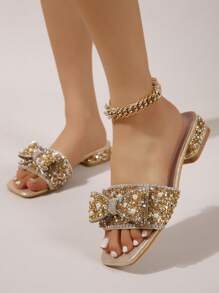 女士新款水钻高跟凉拖鞋，时尚奢华亮片珍珠链水钻花朵露趾套脚凉鞋，百搭迷人 - 金色 - 查看 5