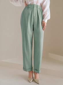 Mulvari High Waist Plicated Detail Straight Leg Trousers - Green - View 1
