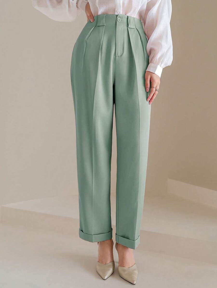 Mulvari High Waist Plicated Detail Straight Leg Trousers - Green - View 1