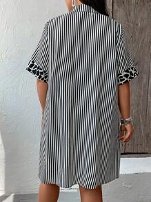 SHEIN LUNE Đầm Plus Size Túi Nút phía trước Sọc Giải trí - Đen và trắng - Xem 2