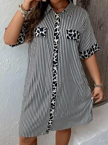 SHEIN LUNE Đầm Plus Size Túi Nút phía trước Sọc Giải trí - Đen và trắng - Xem 4
