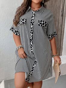 SHEIN LUNE Đầm Plus Size Túi Nút phía trước Sọc Giải trí - Đen và trắng - Xem 5