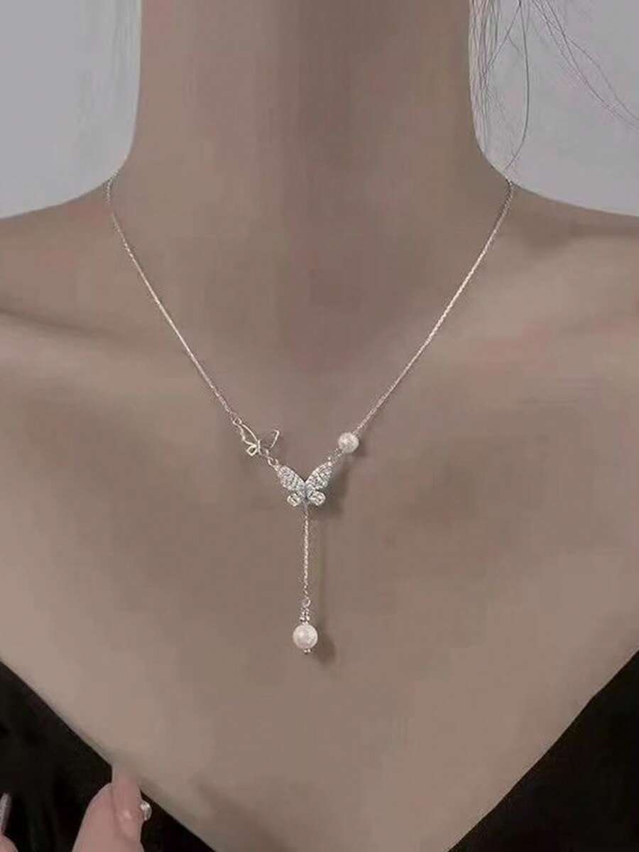 Vòng cổ trang trí hình bướm & ngọc trai giả Y Lariat - Nhiều màu - Xem 1