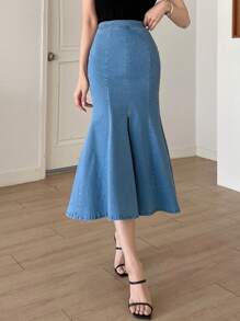 DAZY 高腰鱼尾牛仔裙 - 中等水洗藍 - 查看 2