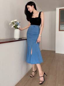 DAZY 高腰鱼尾牛仔裙 - 中等水洗藍 - 查看 4