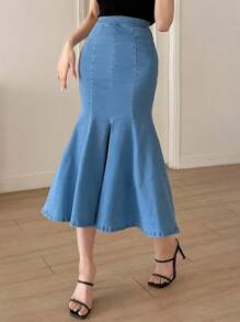 DAZY 高腰鱼尾牛仔裙 - 中等水洗藍 - 查看 5