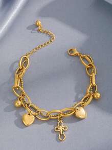 1 件时尚不锈钢和心形吊坠链手链，适合女士，可作为女朋友的礼物，情人节、妈妈、母亲、母亲节、礼物 - 金黃色 - 查看 1