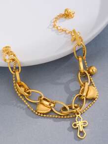 1 件时尚不锈钢和心形吊坠链手链，适合女士，可作为女朋友的礼物，情人节、妈妈、母亲、母亲节、礼物 - 金黃色 - 查看 2