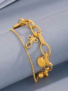 1 件时尚不锈钢和心形吊坠链手链，适合女士，可作为女朋友的礼物，情人节、妈妈、母亲、母亲节、礼物 - 金黃色 - 查看 4