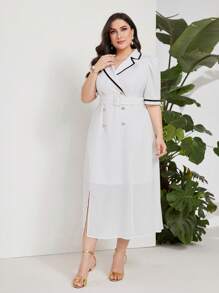 Modelyn Plus Contrast Binding Double Breasted Belted Dress - White - View 2