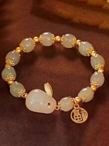 Chinese Character Detail Rabbit Charm Beaded Bracelet