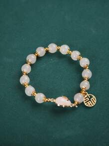 Chinese Character Detail Rabbit Charm Beaded Bracelet