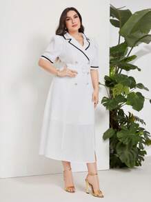 Modelyn Plus Contrast Binding Double Breasted Belted Dress - White - View 1