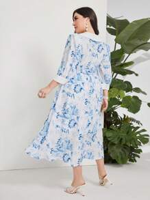Modelyn Plus Floral Print Shawl Collar Dress - Blue and White - View 3