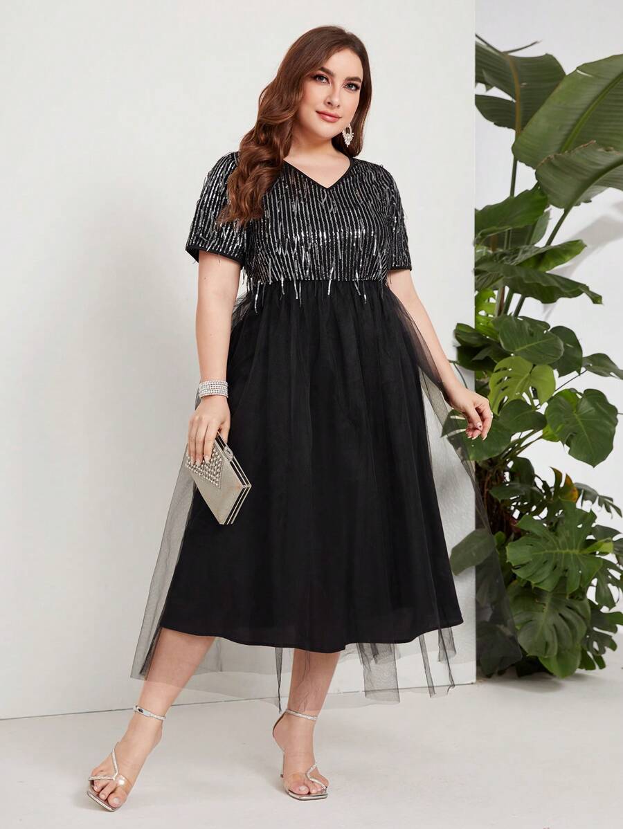 Modelyn 大碼亮片拼接流蘇邊網紗拼接連衣裙 - 黑色 - 查看 1