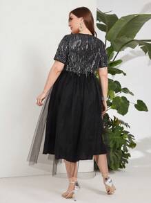 Modelyn 大碼亮片拼接流蘇邊網紗拼接連衣裙 - 黑色 - 查看 2
