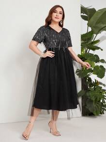 Modelyn 大碼亮片拼接流蘇邊網紗拼接連衣裙 - 黑色 - 查看 3