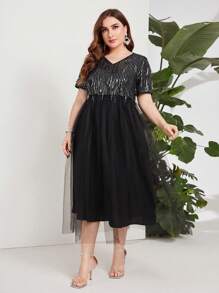 Modelyn 大碼亮片拼接流蘇邊網紗拼接連衣裙 - 黑色 - 查看 5