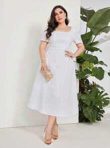 Modelyn Plus Square Neck Puff Sleeve Dress - White - View 2