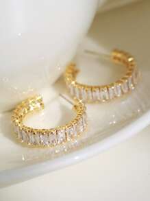 1pair Glamorous Cubic Zirconia Decor Cuff Hoop Earrings For Women For Wedding Party - Gold - View 4