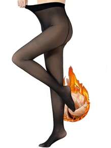 1對女士素色薄透休閒長毛絨內襯褲襪適用於日常生活