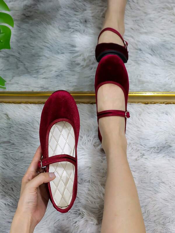 Women Buckle Decor Flats, Preppy Velvet Mary Jane Flats SHEIN USA