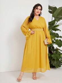 Seusyu Plus Flounce Sleeve Tie Back Dress - Mustard Yellow - View 2