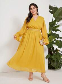 Seusyu Plus Flounce Sleeve Tie Back Dress - Mustard Yellow - View 1