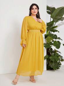 Seusyu Plus Flounce Sleeve Tie Back Dress - Mustard Yellow - View 5