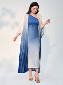 Modelyn Ombre Shoulder Sloping Dress With Coat Evening Dress 2 Piece Set - Blue and White - View 7