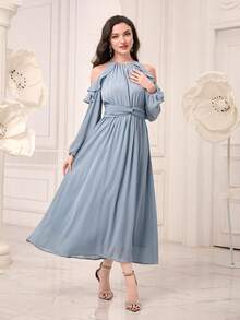 Modelyn Cold Shoulder Ruffle Trim Twist Front Dress - Dusty Blue - View 2