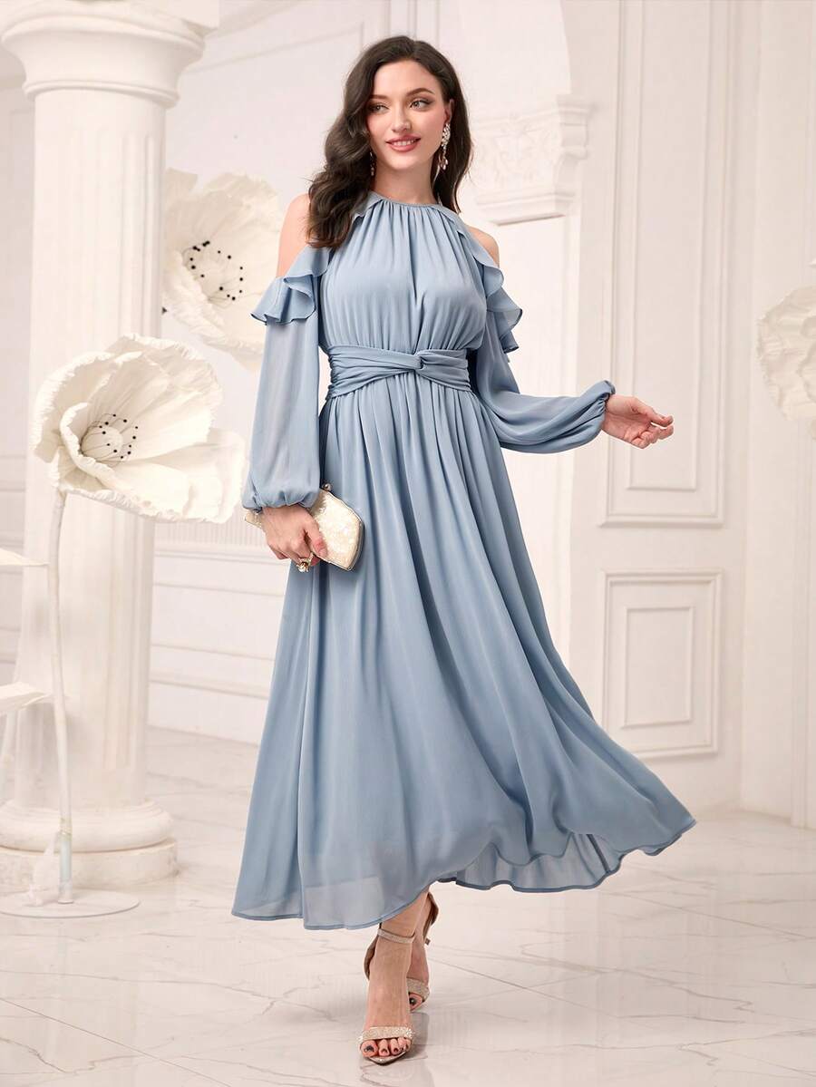 Modelyn Cold Shoulder Ruffle Trim Twist Front Dress - Dusty Blue - View 1