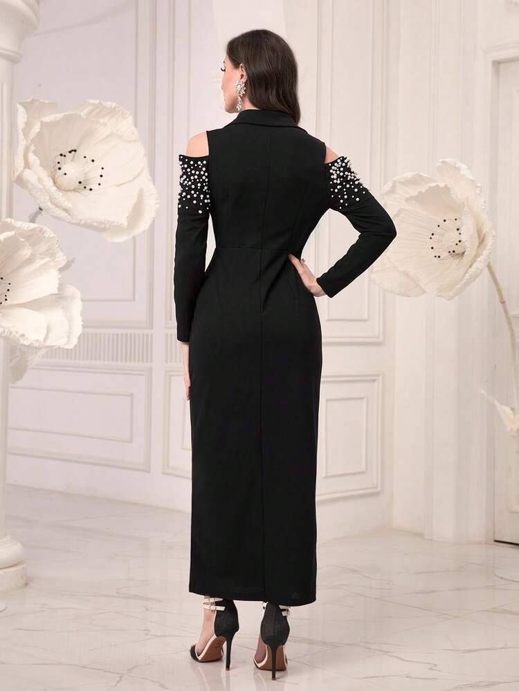 Pearls Beaded Cold Shoulder Dress Without Belt Long Evening Dresses