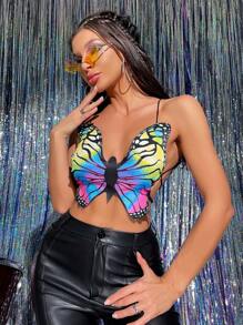 Butterfly Print Lace Up Backless Cami Top - Multicolor - View 1