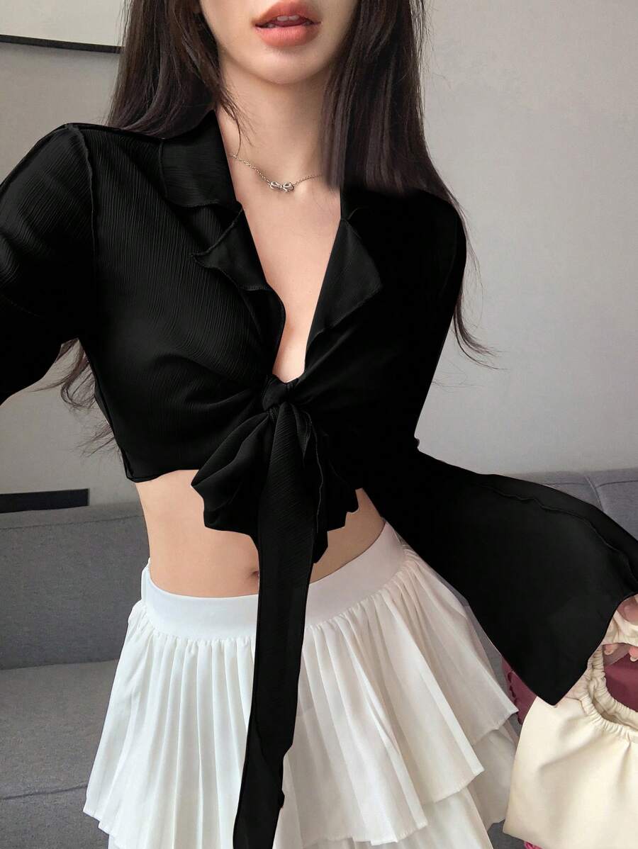 DAZY Solid Tie Front Crop Shirt - Black - View 1