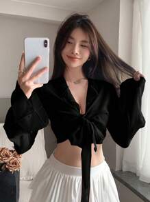 DAZY Solid Tie Front Crop Shirt - Black - View 2