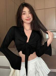 DAZY Solid Tie Front Crop Shirt - Black - View 3