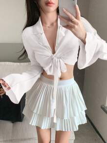 DAZY 實色綁帶前束短袖上衣 - 白色 - 查看 3