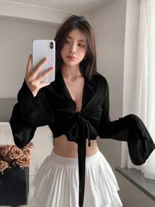 DAZY Solid Tie Front Crop Shirt - Black - View 5